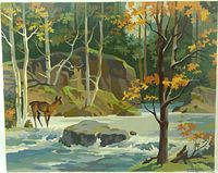 Front view of entire painting showing deer by river in forest