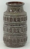 Full view of mottled grey and brown Scheurich vase showing textured Inca bands