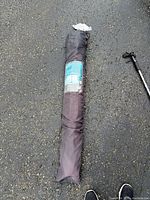 Umbrella packed in dark carry bag on ground