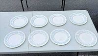 Set of eight dinner plates on table