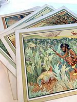 Stack of five bordered color prints, top print shows hunter and armadillo with printed signature