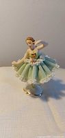 Front view of porcelain ballerina figurine standing on base
