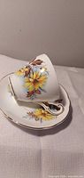 Teacup resting on saucer showing floral pattern and gilt rim