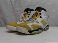 Oblique view showing overall condition and color scheme of both shoes