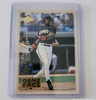 Front of 1996 Upper Deck Game Face Barry Bonds card in sleeve