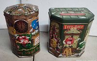 Front and side view of both tins showing graphics and shape