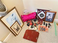 Overall lot showing framed prints, textiles, figurines and accessories
