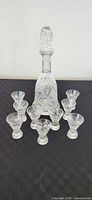 Full set showing decanter with stopper surrounded by nine matching glasses