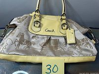 Full view of Coach bag with handles, strap and hang tag visible