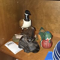 Shelf view showing Canada goose, brown bird on driftwood, black bog oak bird, and green-headed duck