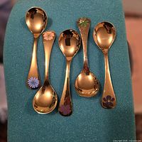 Front view of all five enamel floral sterling silver teaspoons