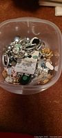 plastic tub filled with assorted costume jewelry, melanie lyne card visible