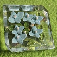 Front view showing blue flowers and green leaves under clear Lucite surface