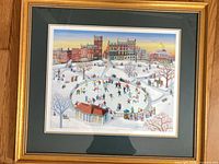 Full view of framed lithograph with mat and frame