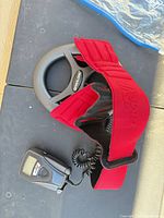 Device overview showing grey collar, red adjustable strap, attached controller