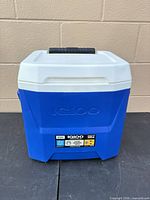 Front view of cooler showing Igloo branding, model label and overall exterior condition