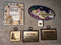 All five items laid out: frame, nightlight, three plaques