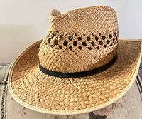 Left side view of straw cowboy hat showing ventilated crown and black braided hatband
