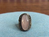 Front view showing oval rose quartz and bezel setting