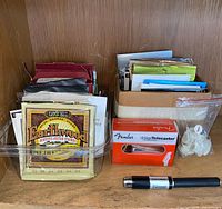 Shelf with string packs, Fender pickup box, bag of picks, Hosa adapter