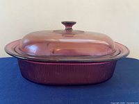 Full view of roaster with lid, showing color, shape and size