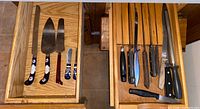 Overview of two drawers showing entire assortment of knives and honing steel