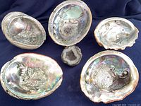 Group of five iridescent abalone shells and one geode half