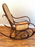 Right side view of bentwood cane rocking chair