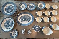 Top-down view of entire 45-piece Currier & Ives dinnerware set