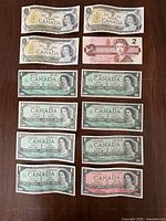 Front view of all 11 banknotes arranged on tabletop