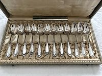 Open case showing fifteen silver teaspoons arrayed in satin lining
