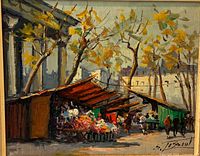 Full view of the oil painting showing Paris market scene