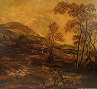 Front view of oil painting showing full pastoral scene