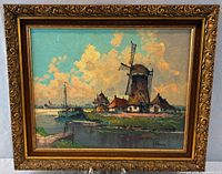 Front view of framed oil painting showing Dutch village scene, windmill and artist signature
