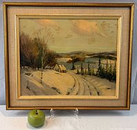 Front view of framed painting showing full artwork, frame and apple for scale
