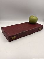 Closed burgundy case with apple for scale