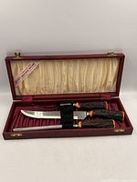 Open case displaying knife and fork secured in fitted interior