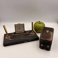 Desk organizer, card case, green apple for scale