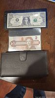 Wallet, Canada $2 note, novelty 9/11 bill