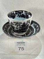 Teacup on saucer showing overall pattern and size tag