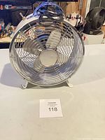 Front view showing fan blades, guard and stand