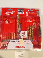 Front view of sealed Milwaukee 15-piece titanium drill bit set package