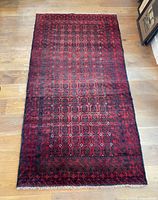 Full view of the Afghan wool rug on floor
