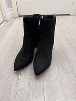 Front view of black suede ankle booties, pointed toes visible