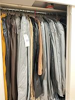Full view of closet rod with Giorgio Armani garments in bags