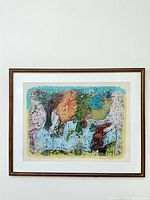 Full view of framed signed print in wood frame with mat