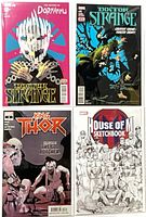 Group shot showing all four Marvel comics: Doctor Strange #16, Doctor Strange #19, King Thor #3, House of M Sketchbook variant