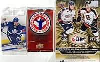 Three sealed Upper Deck items: CHL hobby box, 2012 National Hockey Card Day pack, 2017 Centennial promo pack