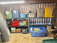 Both metal shelving units side by side holding various plastic bins (bins not included)