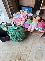 Group of five Cabbage Patch Kids dolls, handmade cloth doll, knit clothing